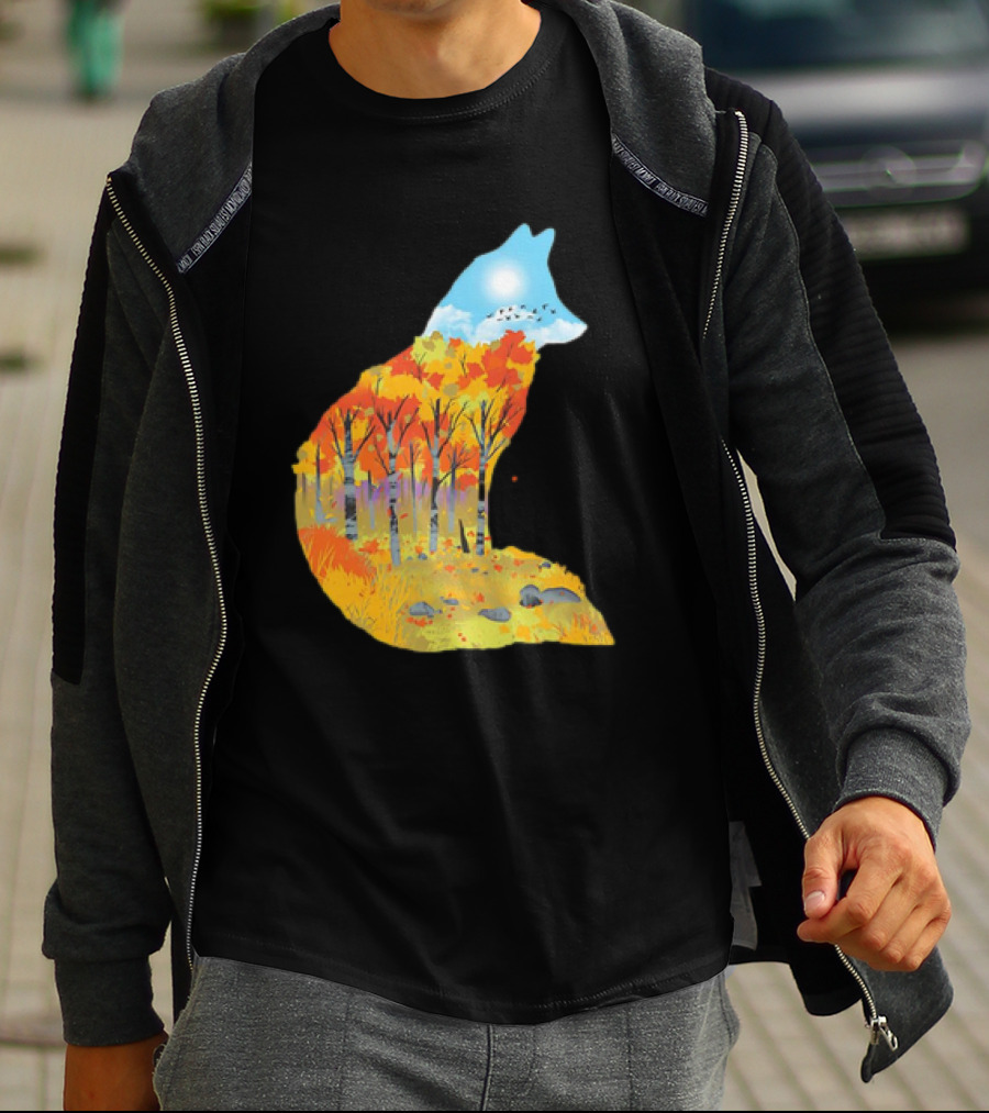 Fox Autumn Forest Landscape With Sun And Birds - I Am The Forest II T-Shirt