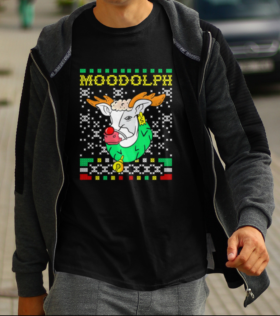 Moodolph Moo Cow Reindeer Ugly Christmas Farmer Cartoon T-Shirt