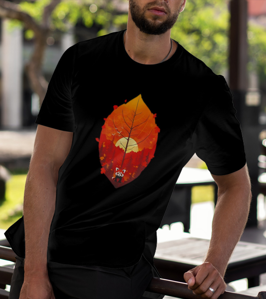 Panda Red Leaf Forest Sunset T-Shirt
