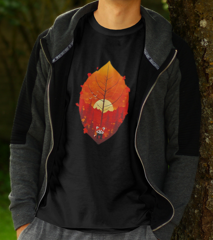 Panda Red Leaf Forest Sunset T-Shirt