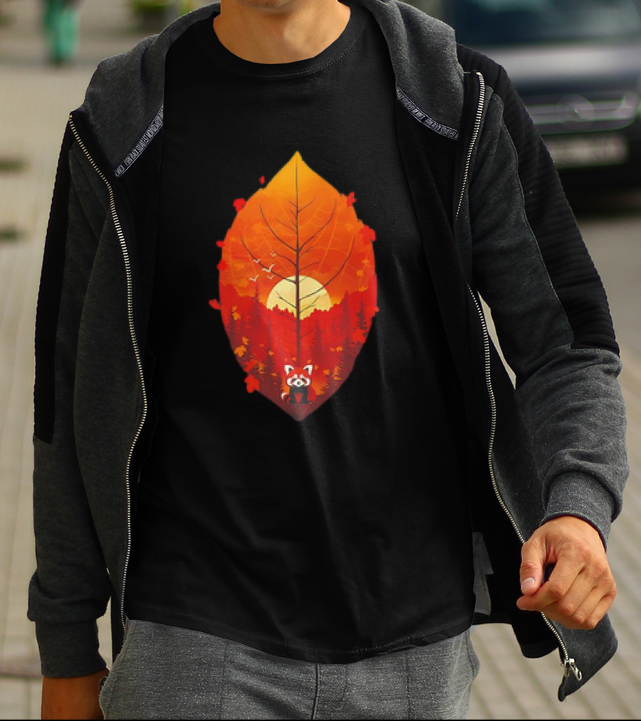 Panda Red Leaf Forest Sunset T-Shirt