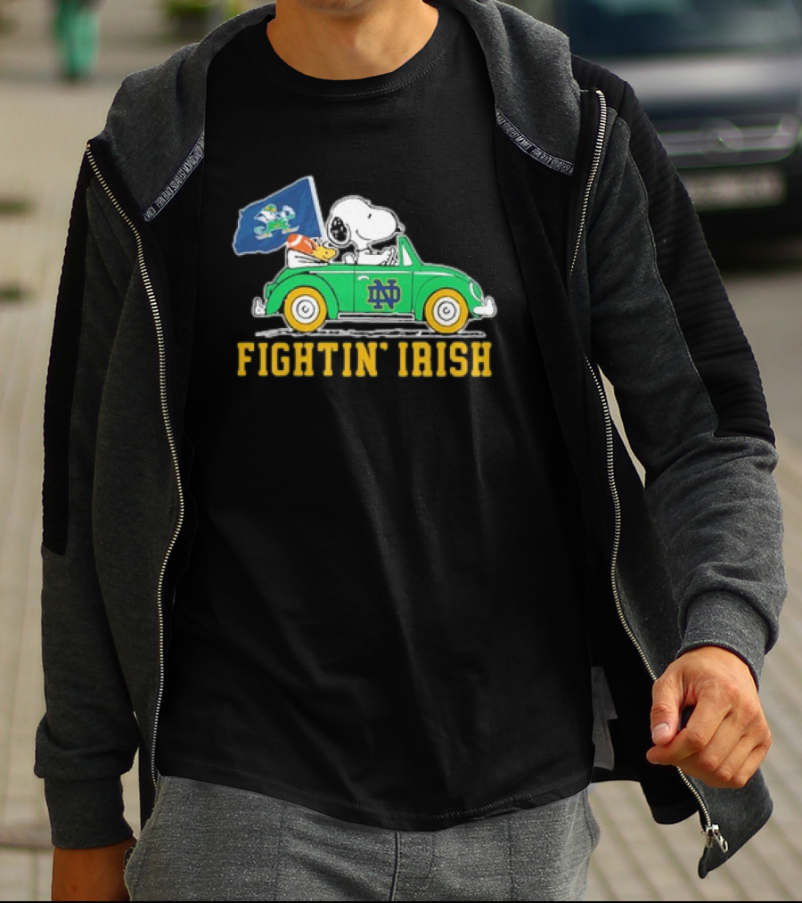 Peanuts Snoopy Woodstock Driving Notre Dame Fighting Irish Car T-Shirt