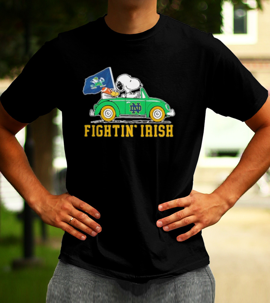 Peanuts Snoopy Woodstock Driving Notre Dame Fighting Irish Car T-Shirt