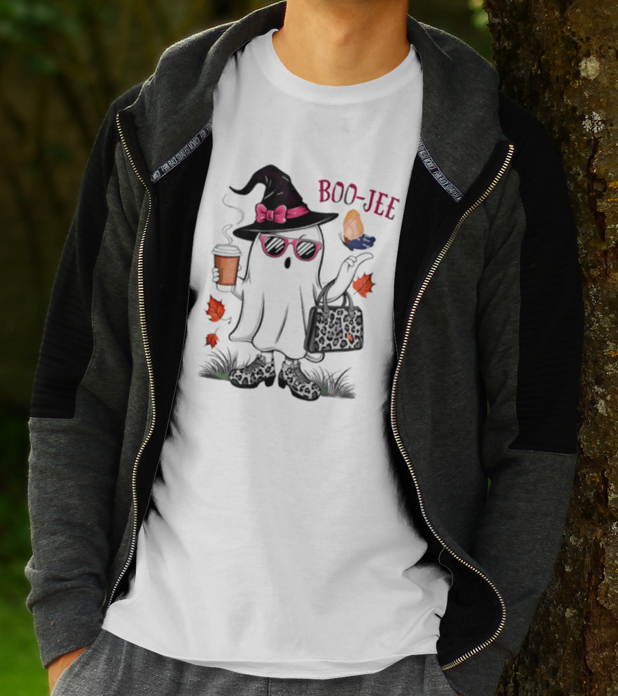 Boo Jee Leopard Ghost Fall Vibes With Hat And Coffee T-Shirt