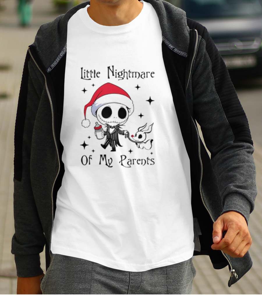 Little Nightmare Of My Parents Jack Skellington Santa Hat Holding Milk And Dog T-Shirt