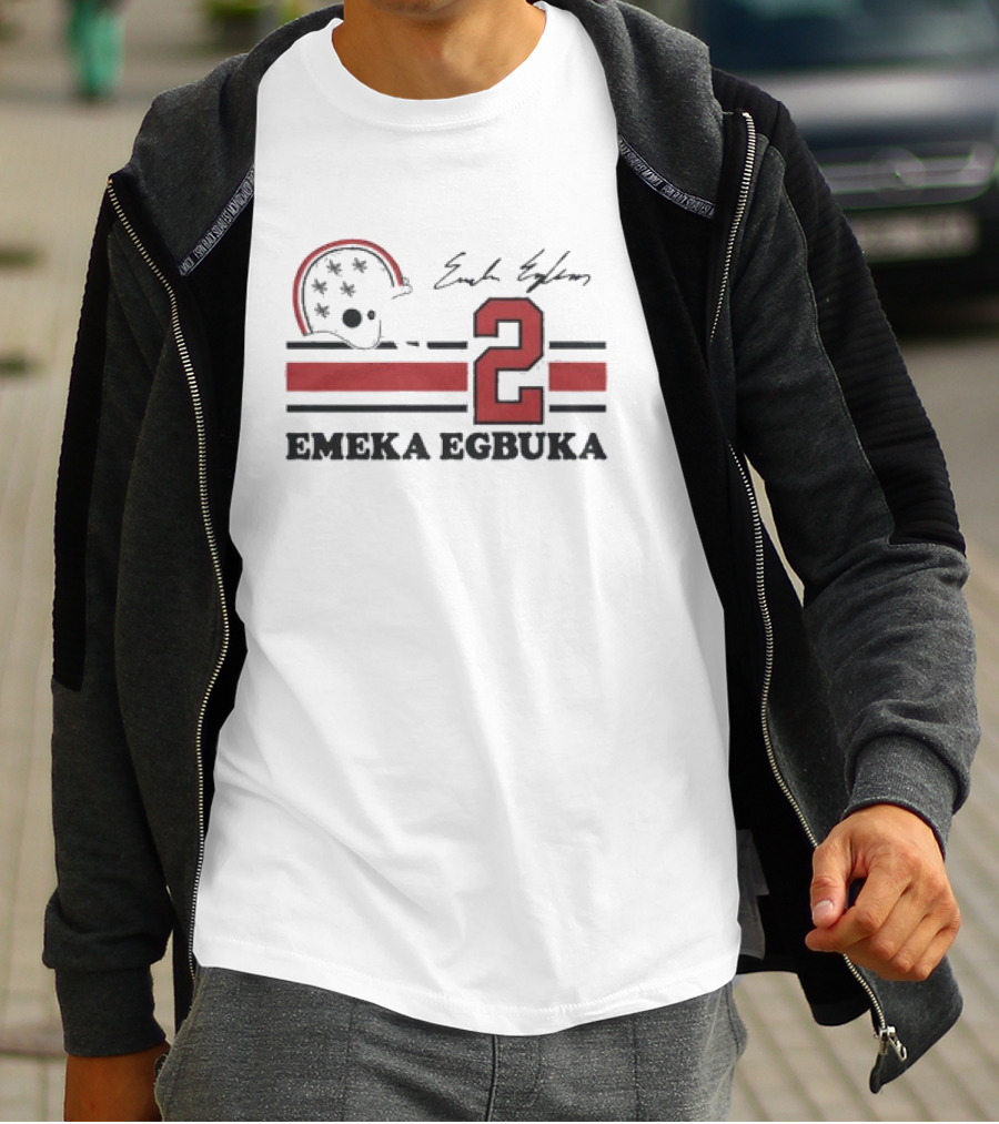 Ohio State Emeka Egbuka #2 Signature Jersey With Helmet And Stripes T-Shirt