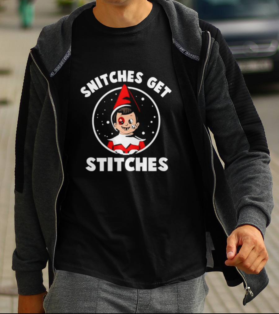 Snitches Get Stitches Elf On A Shelf Humor Cartoon Face T-Shirt
