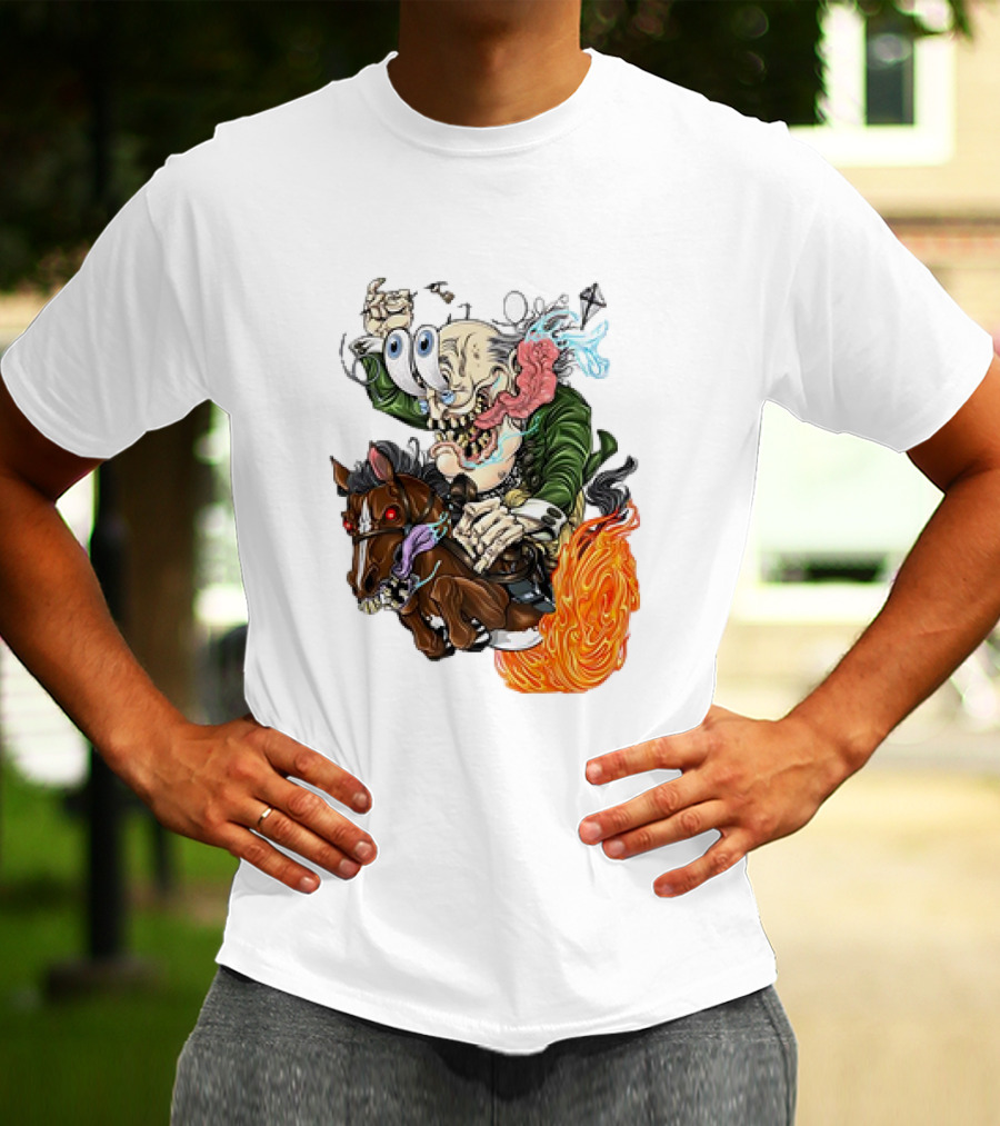 Ben FINKlin Surreal Dual-Eyed Figure On Flame-Engulfed Horse T-Shirt