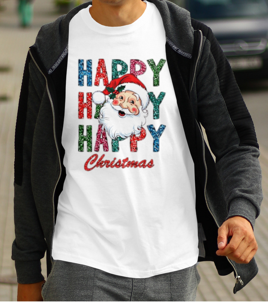 Glitter Happy Happy Happy Christmas Santa Claus T-Shirt