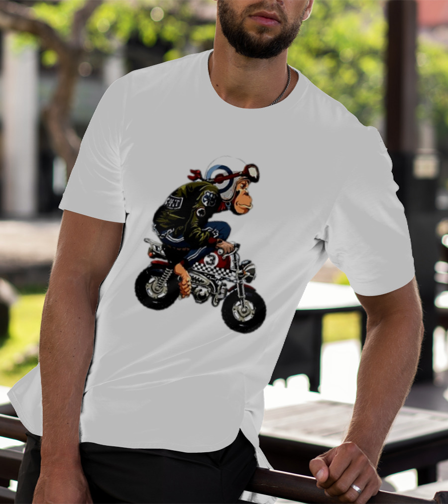 Monkey Riding Checkered Mini Bike Cartoon T-Shirt
