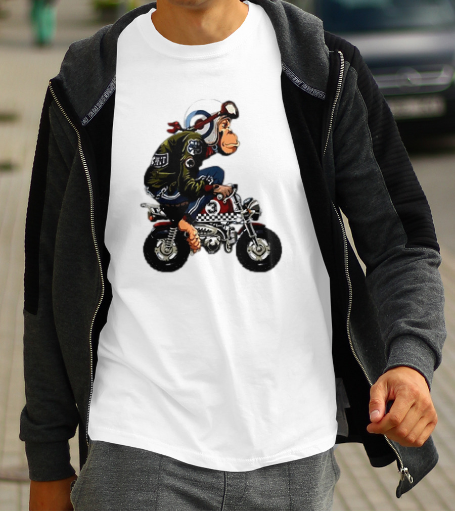 Monkey Riding Checkered Mini Bike Cartoon T-Shirt
