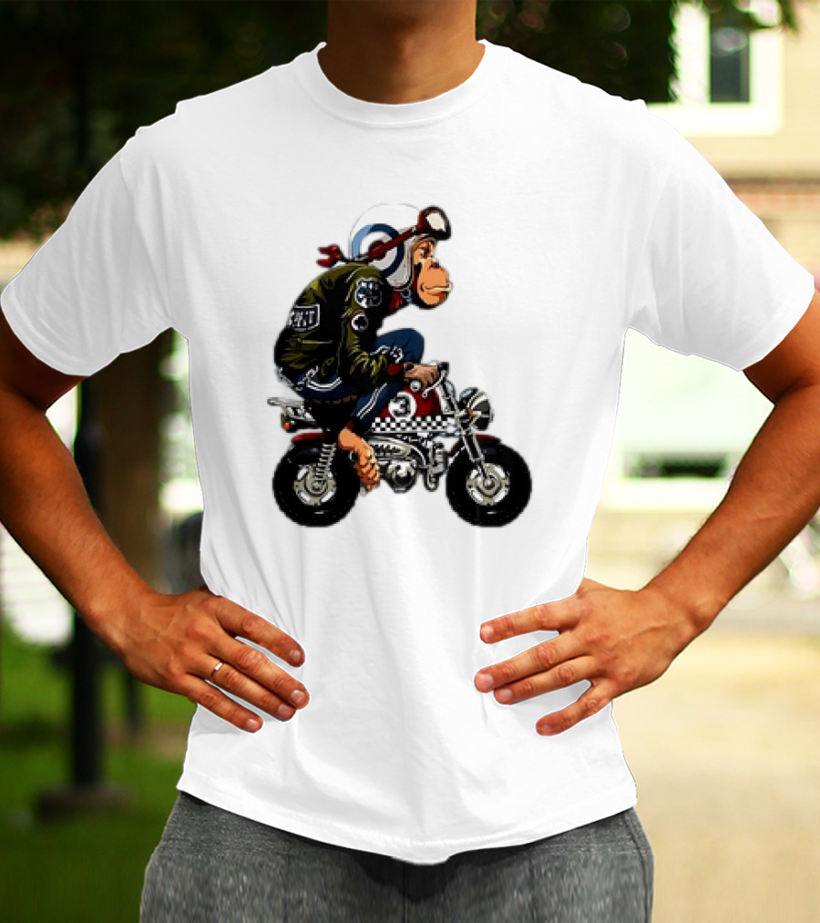 Monkey Riding Checkered Mini Bike Cartoon T-Shirt