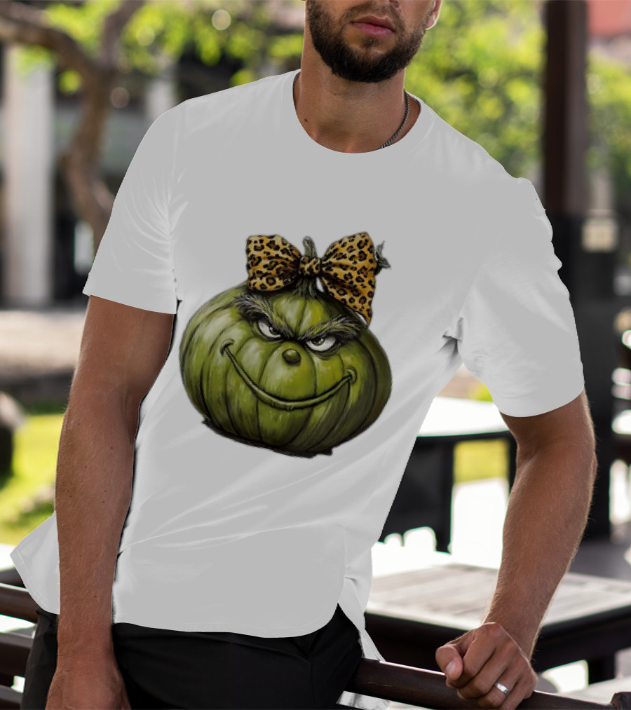 Retro Vintage Leopard Bow Grinch Pumpkin T-Shirt