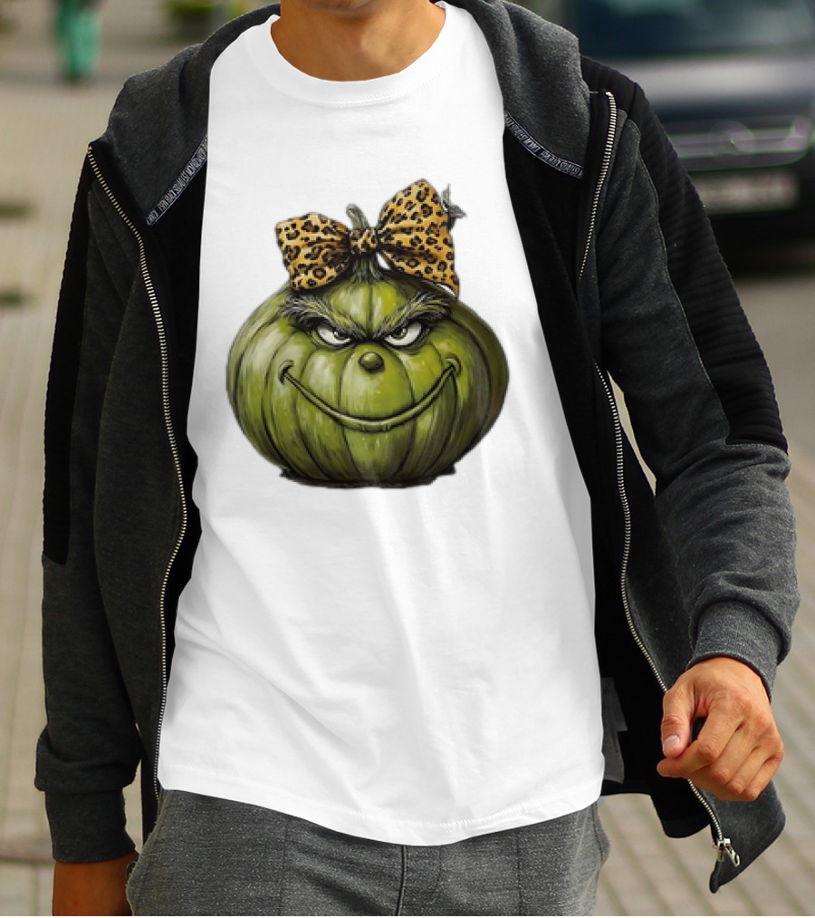 Retro Vintage Leopard Bow Grinch Pumpkin T-Shirt