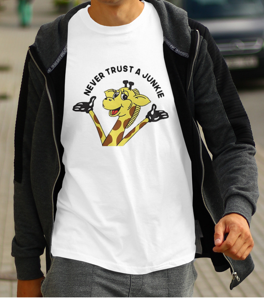 Never Trust A Junkie Giraffe Logo With Cartoon Character T-Shirt