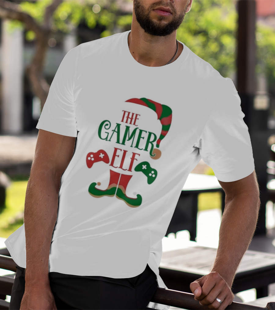 The Gamer Elf With Christmas Hat And Controllers T-Shirt