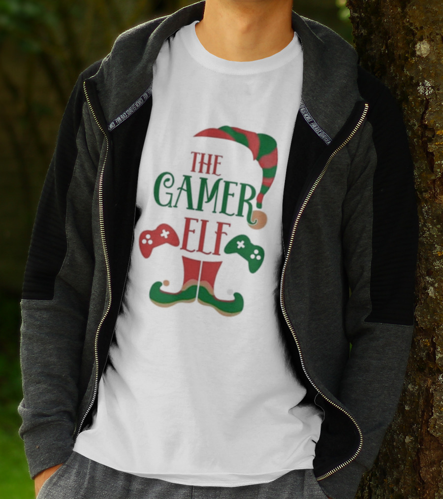 The Gamer Elf With Christmas Hat And Controllers T-Shirt