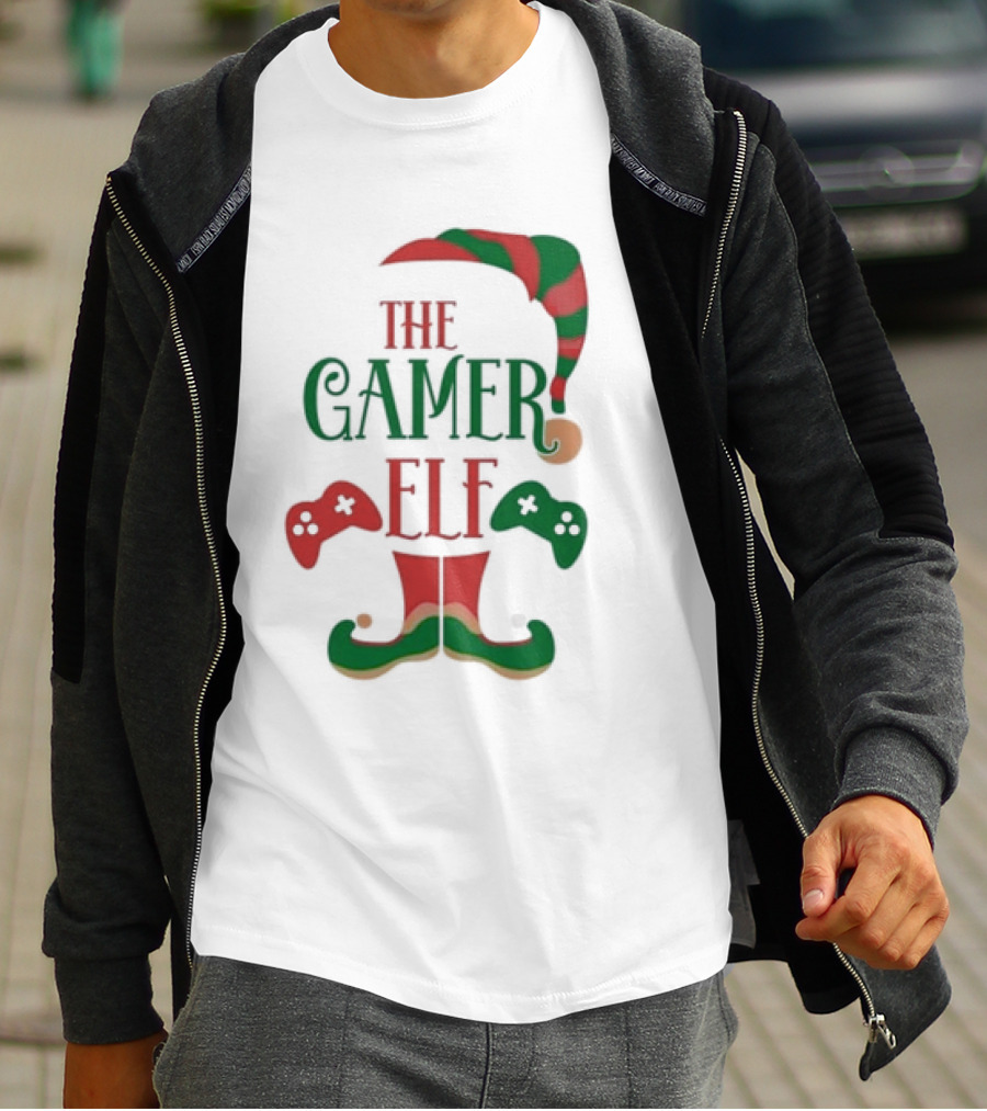 The Gamer Elf With Christmas Hat And Controllers T-Shirt