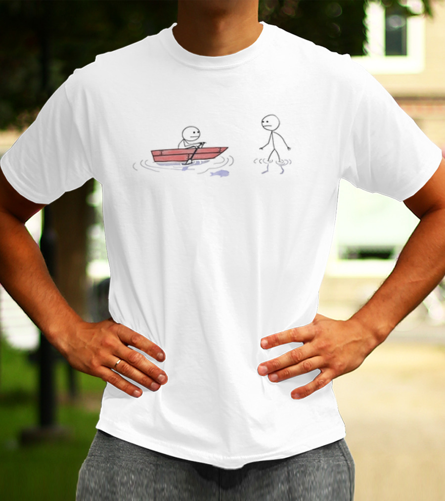 Stick Figure Rowing A Boat With Stick Figure Walking On Water Humor Concept T-Shirt