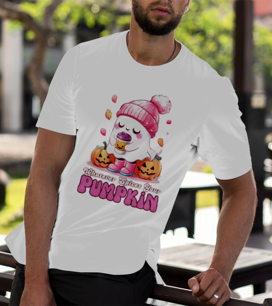 Ghost In Pink Beanie With Coffee And Pumpkins Whatever Spices Your Pumpkin T-Shirt