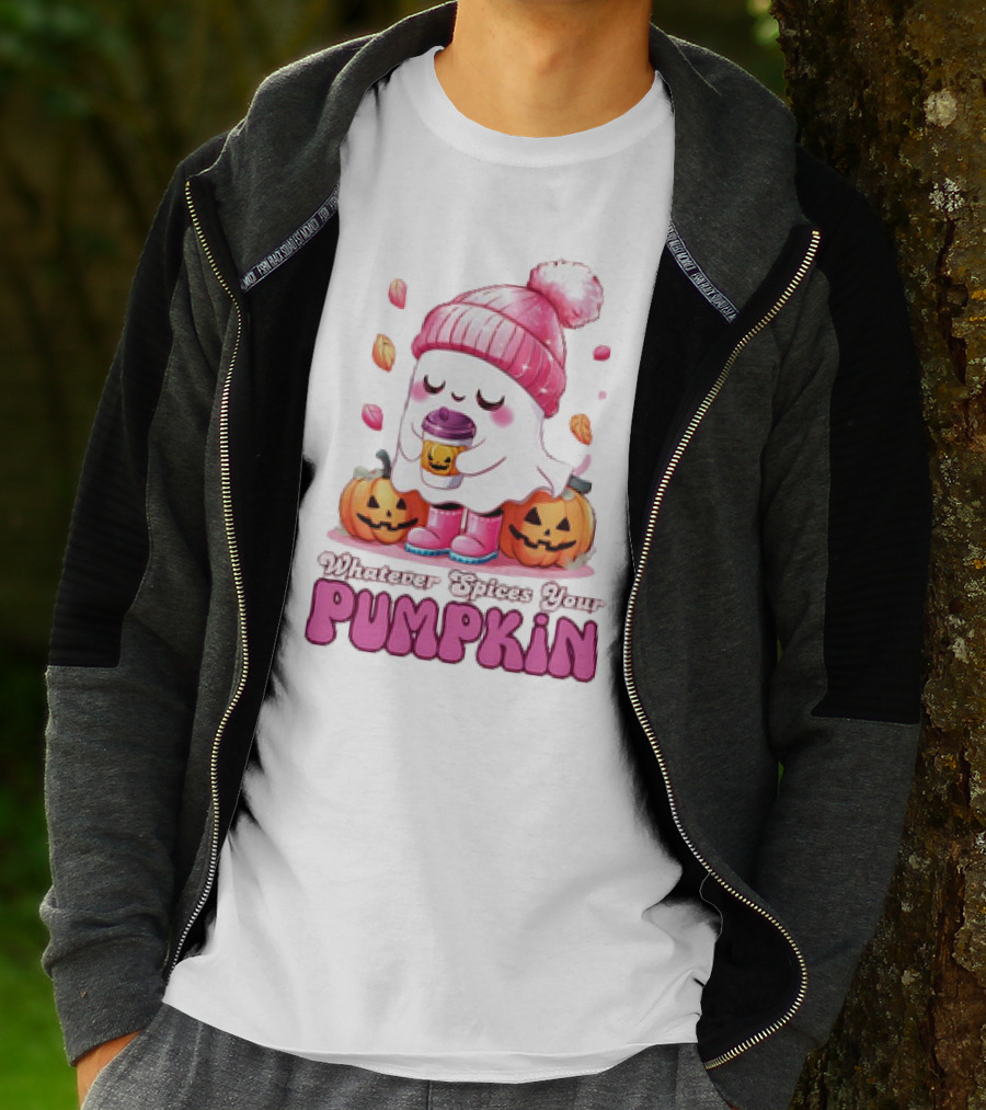 Ghost In Pink Beanie With Coffee And Pumpkins Whatever Spices Your Pumpkin T-Shirt