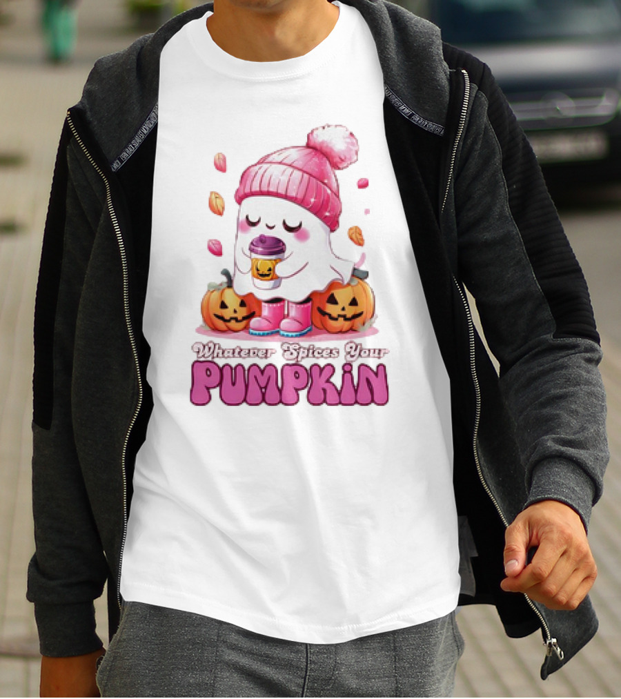 Ghost In Pink Beanie With Coffee And Pumpkins Whatever Spices Your Pumpkin T-Shirt