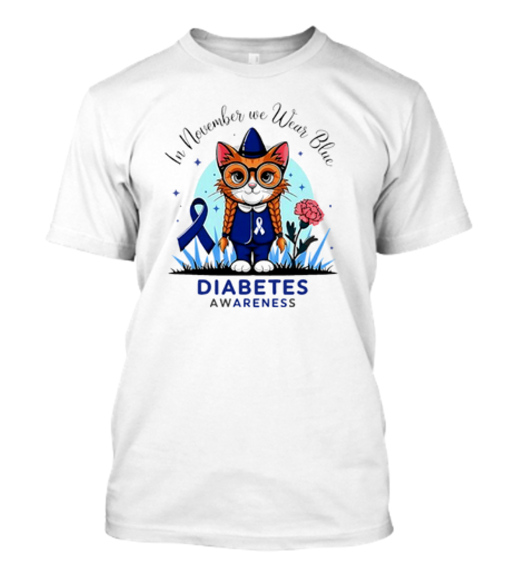 In November We Wear Blue Cute Cat Diabetes Awareness T-Shirt