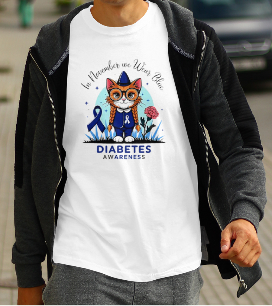 In November We Wear Blue Cute Cat Diabetes Awareness T-Shirt
