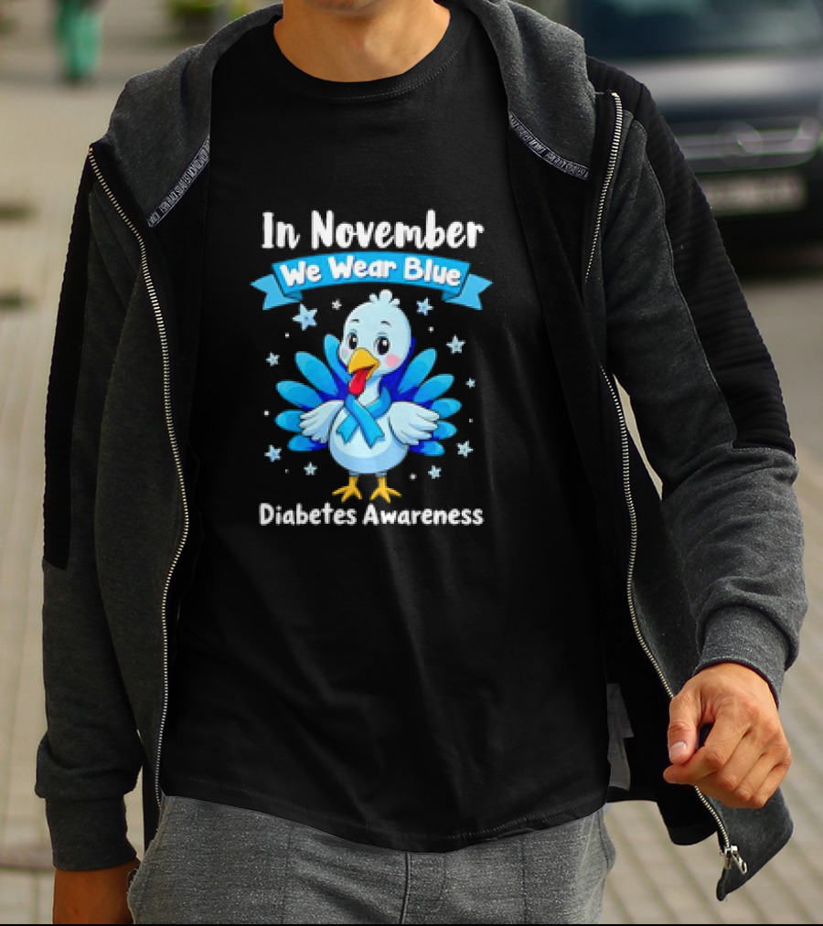 In November We Wear Blue Thanksgiving Diabetes Awareness Turkey With Ribbon And Stars T-Shirt