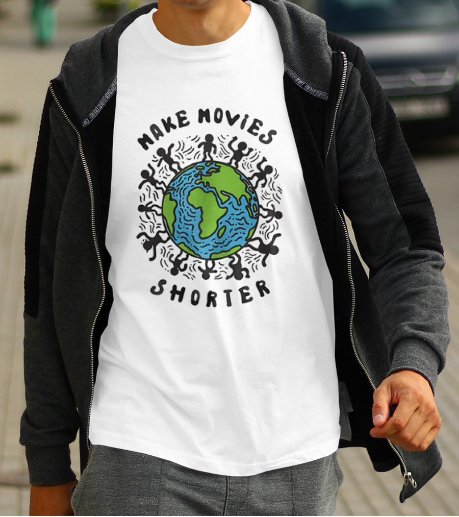 Make Movies Shorter Save The Planet Earth Surrounded By Dancing Figures T-Shirt