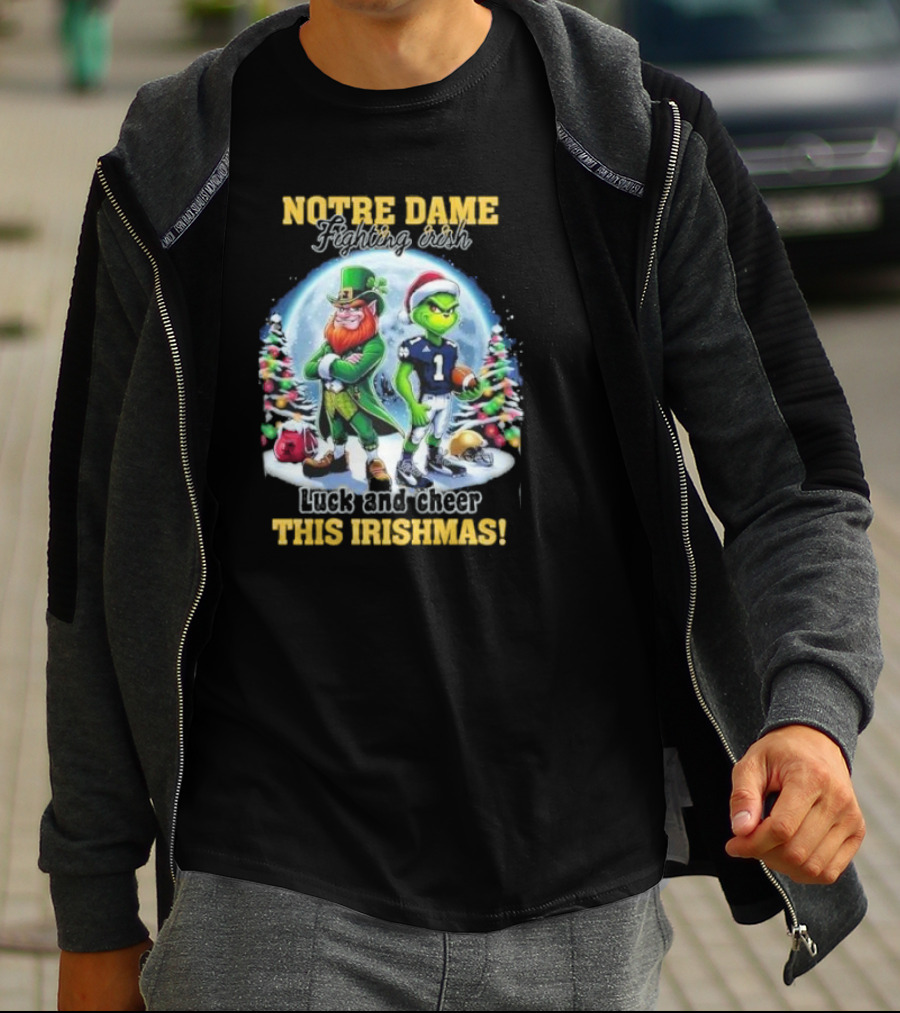 Notre Dame Fighting Irish Luck And Cheer This Irishmas With Christmas Characters T-Shirt