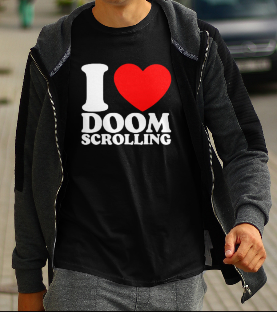I Heart Doom Scrolling Bold White Text Red Heart T-Shirt