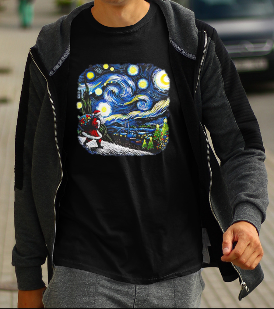 Van Gogh Starry Night Santa Christmas Winter Snowy Night Scene T-Shirt