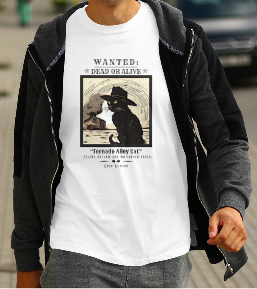 Wanted Dead Or Alive Tornado Alley Cat Oklahoma Whiskered Rascal Cowboy Twister Retro T-Shirt