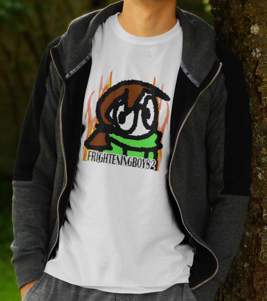 FRIGHTENINGBOY82 Leaf Pixel Art Character With Green Scarf And Flames T-Shirt