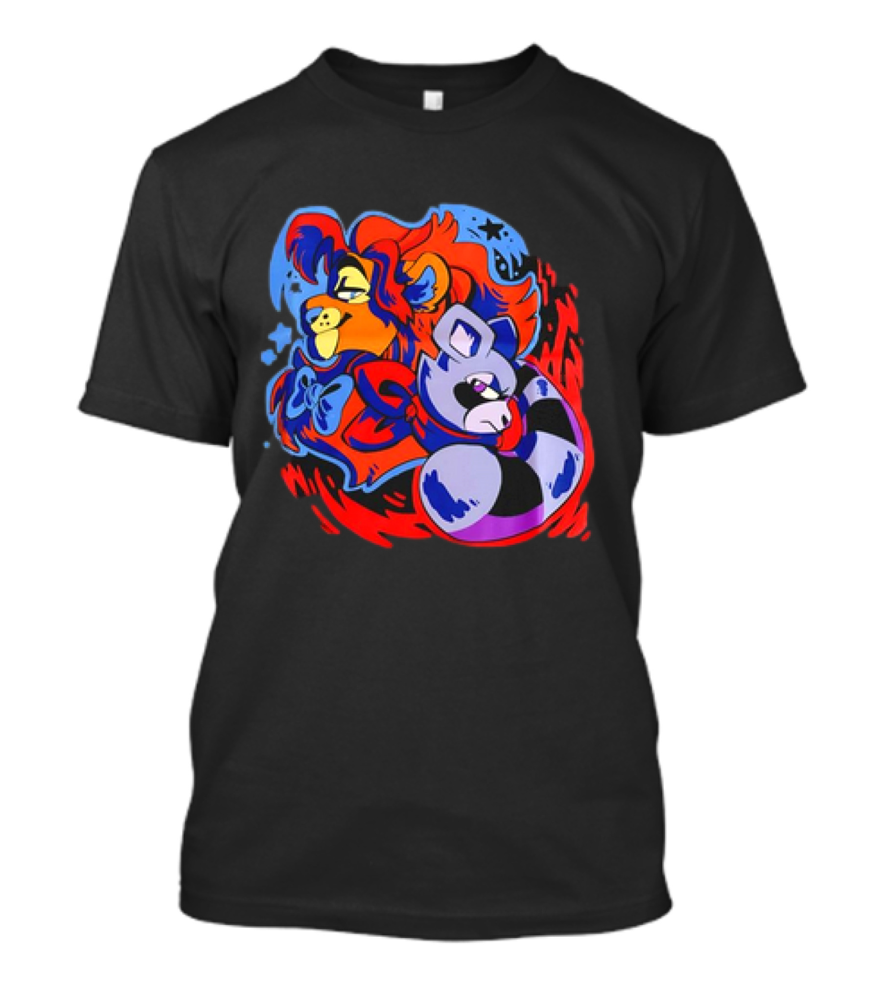 Lion And Raccoon Cartoon With Colorful Flowing Manes And Scarves T-Shirt