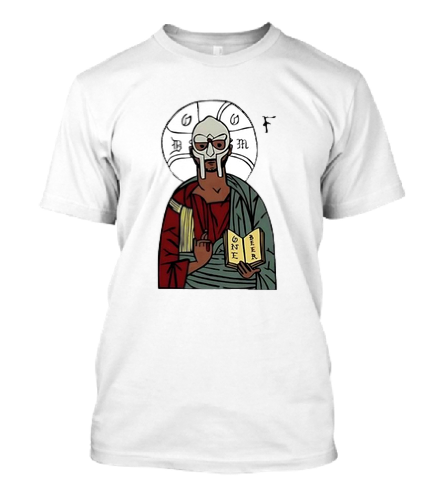 MF DOOM Cartoon Iconic Mask With Sacred Imagery And Open Book One Beer T-Shirt
