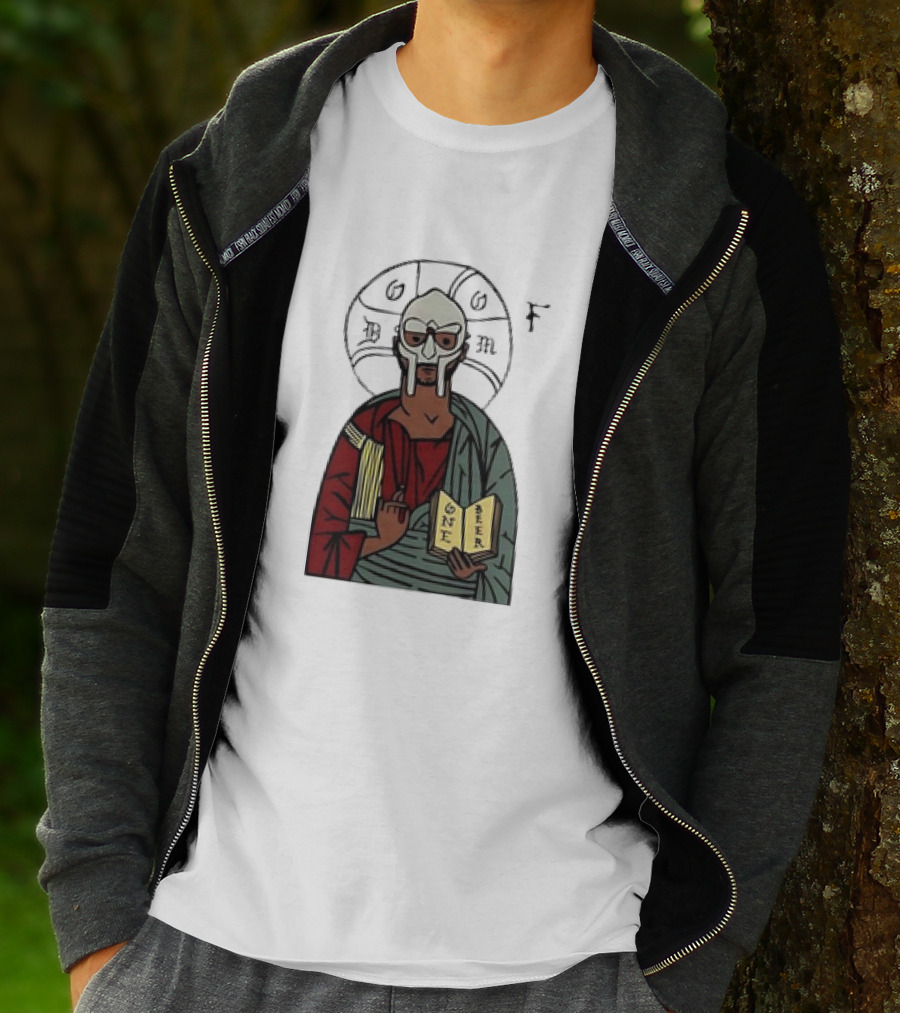 MF DOOM Cartoon Iconic Mask With Sacred Imagery And Open Book One Beer T-Shirt
