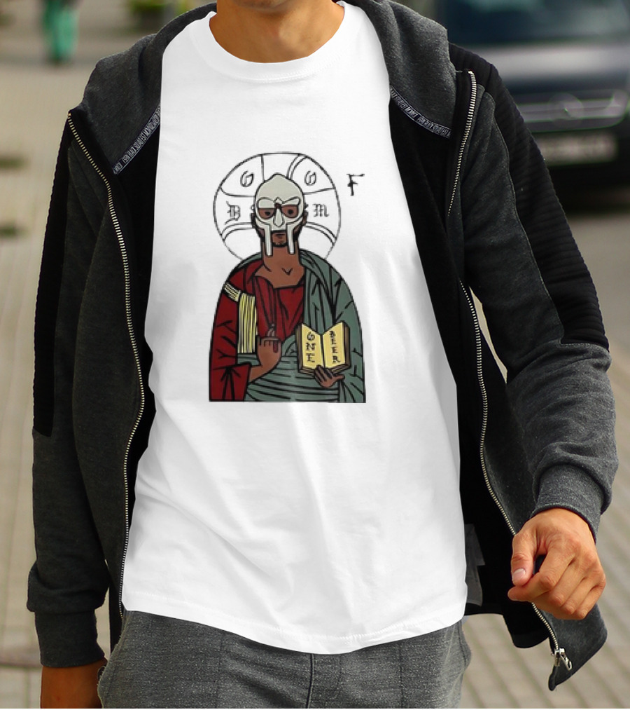 MF DOOM Cartoon Iconic Mask With Sacred Imagery And Open Book One Beer T-Shirt