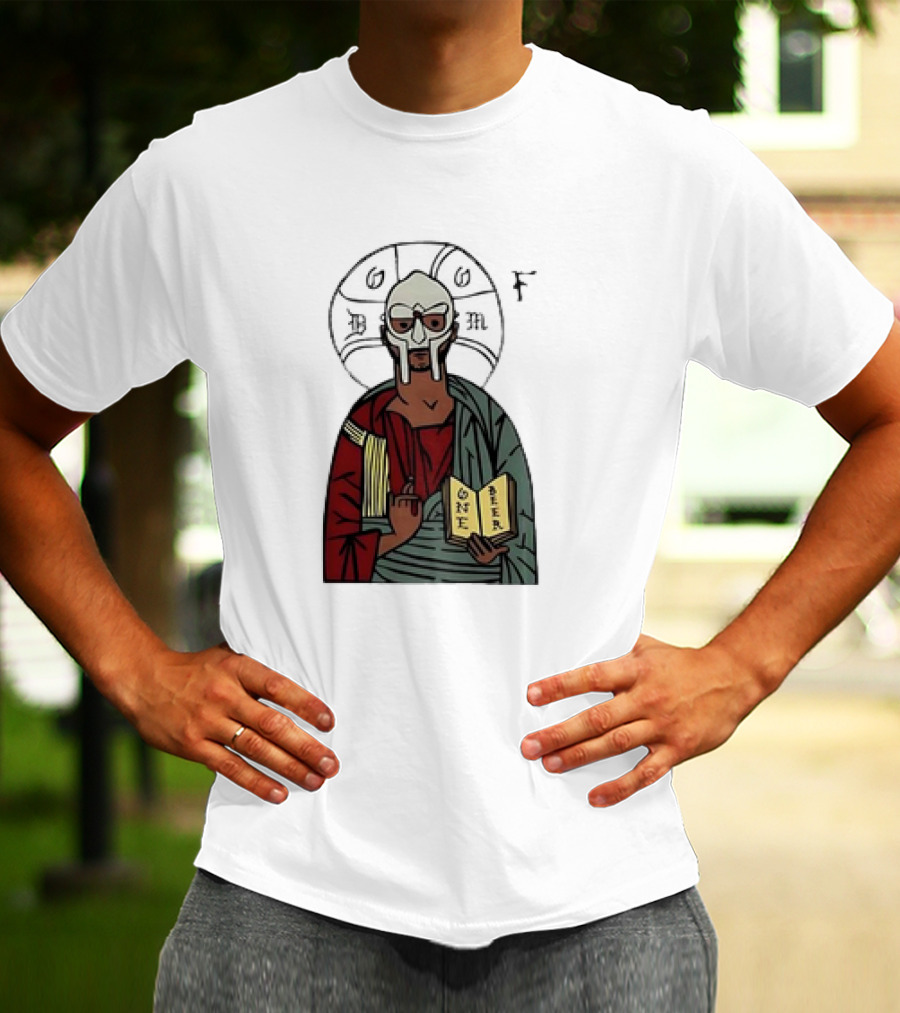 MF DOOM Cartoon Iconic Mask With Sacred Imagery And Open Book One Beer T-Shirt
