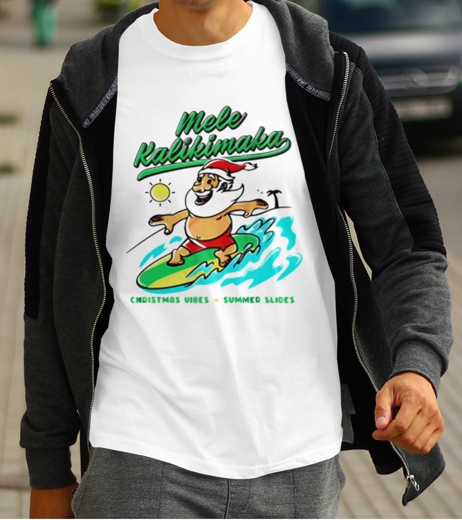 Mele Kalikimaka Santa Claus Surfing Christmas Vibes Summer Slides T-Shirt