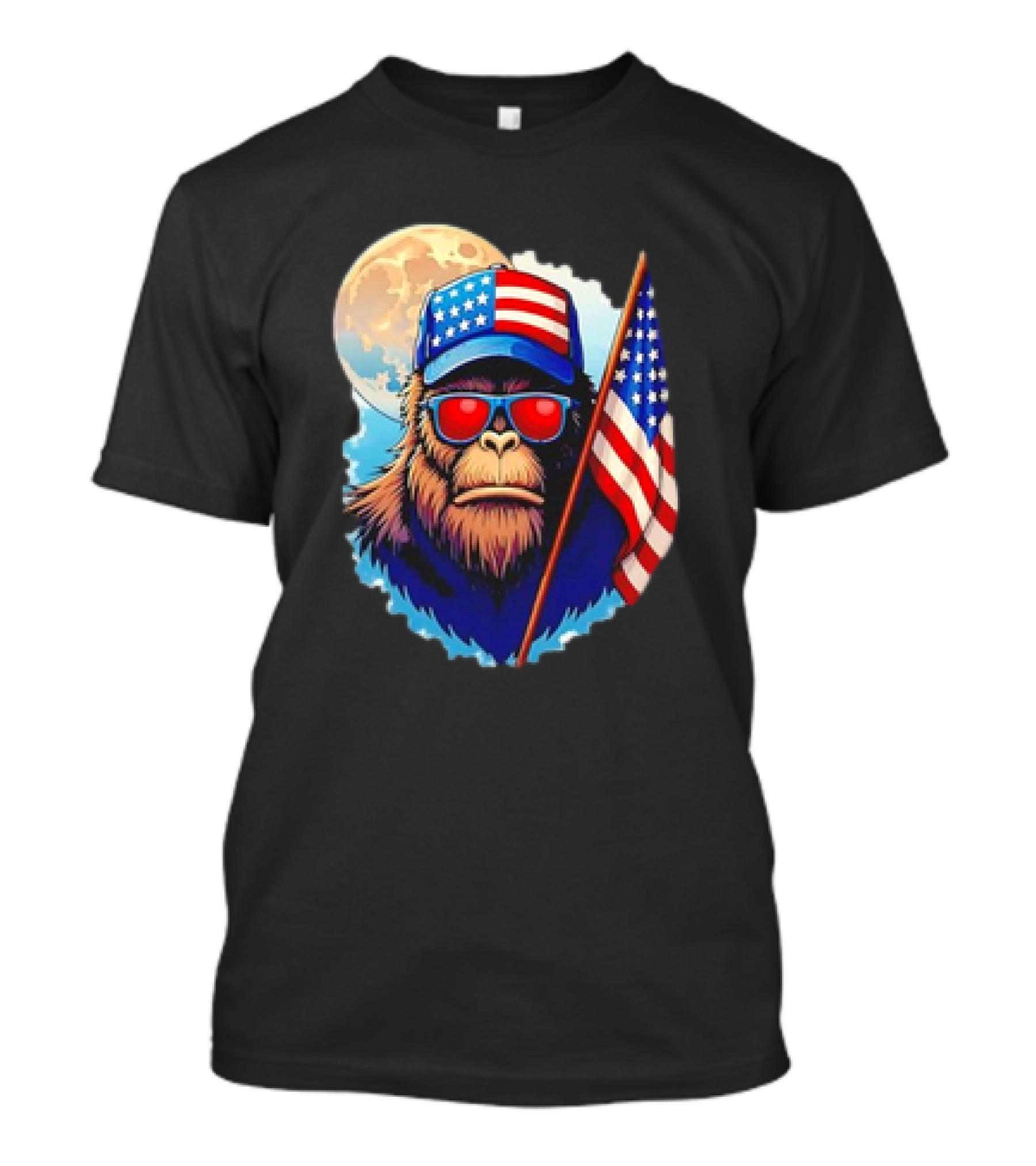 Bigfoot USA Flag Hat Sunglasses Patriotic Moon Background T-Shirt