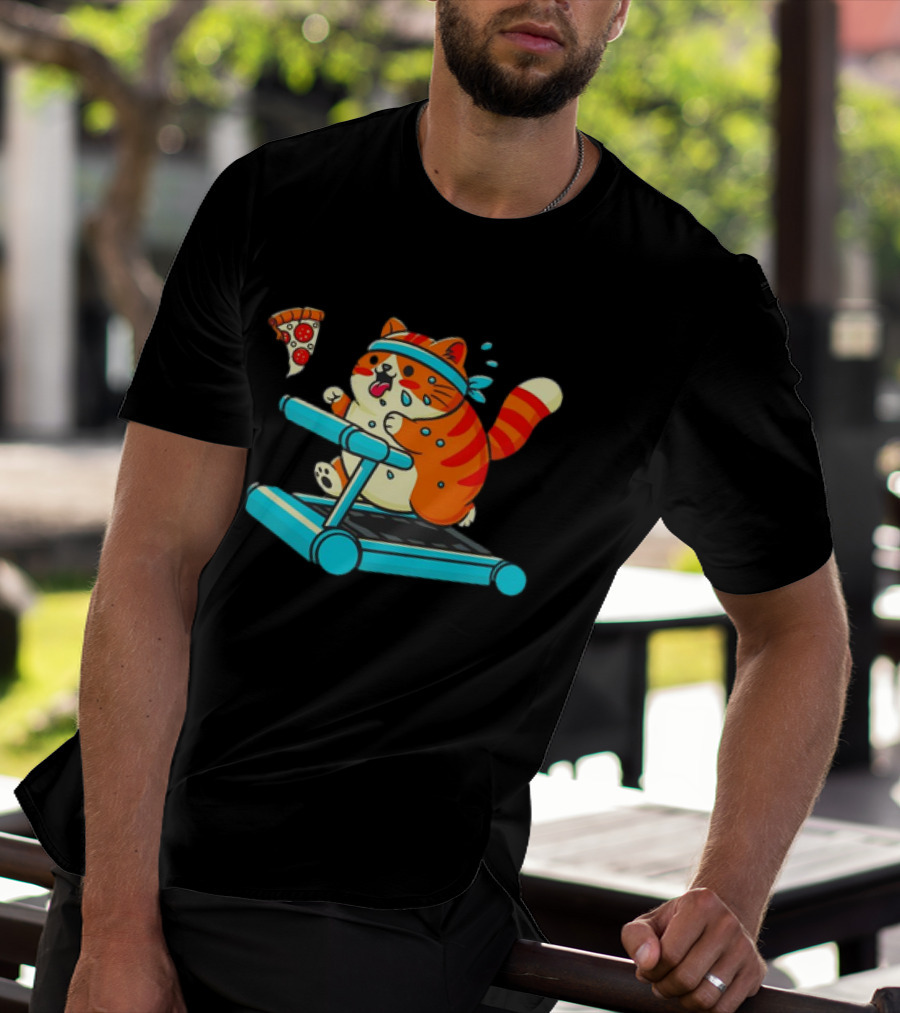 Chasing Dreams And Pizza Slices Chonky Cat Running On Treadmill T-Shirt