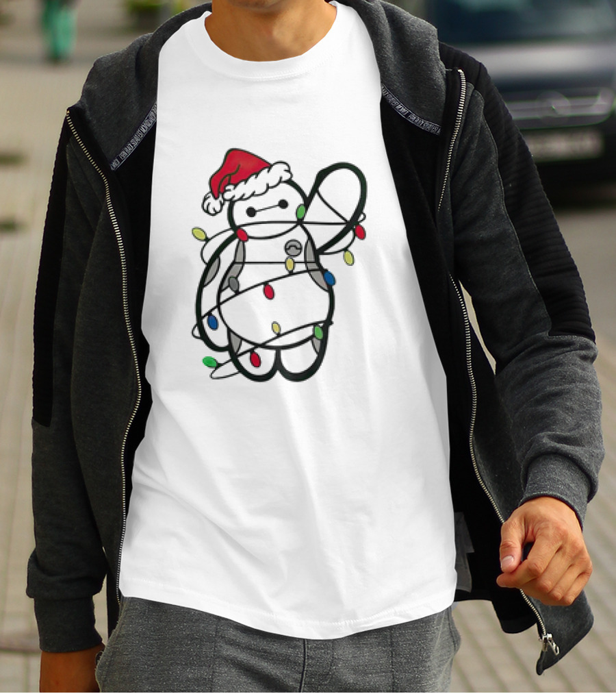 Baymax Wrapped In Christmas Lights Wearing Santa Hat T-Shirt
