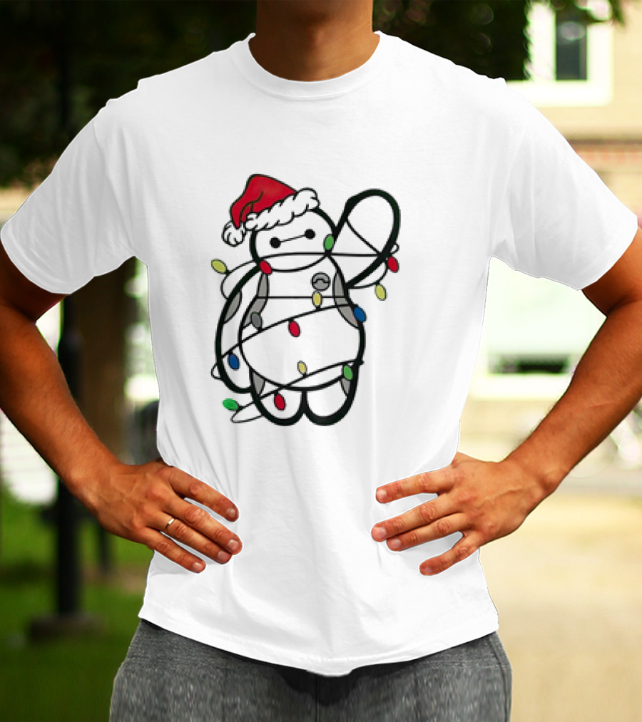 Baymax Wrapped In Christmas Lights Wearing Santa Hat T-Shirt