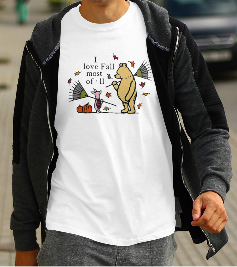 I Love Fall Most Of All Winnie The Pooh Piglet Raking Leaves Pumpkins T-Shirt