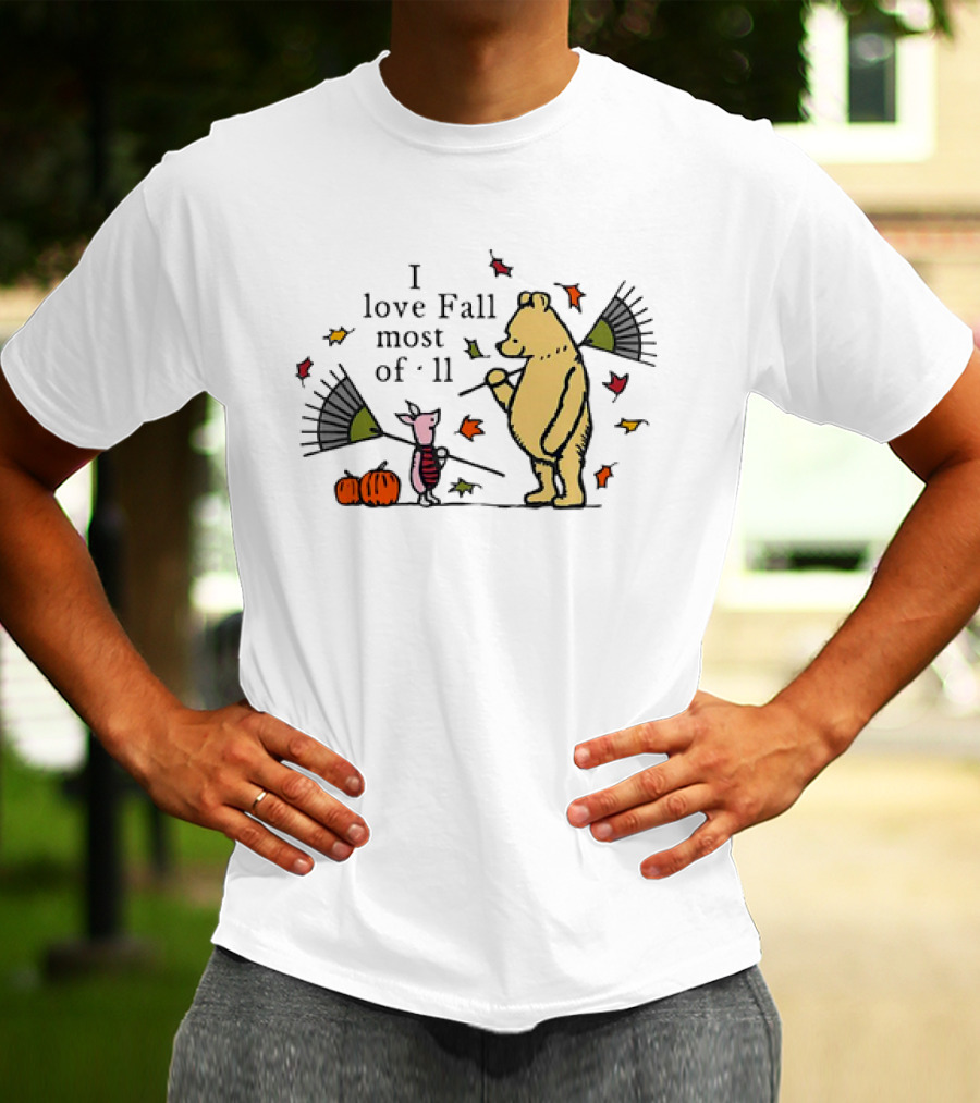 I Love Fall Most Of All Winnie The Pooh Piglet Raking Leaves Pumpkins T-Shirt