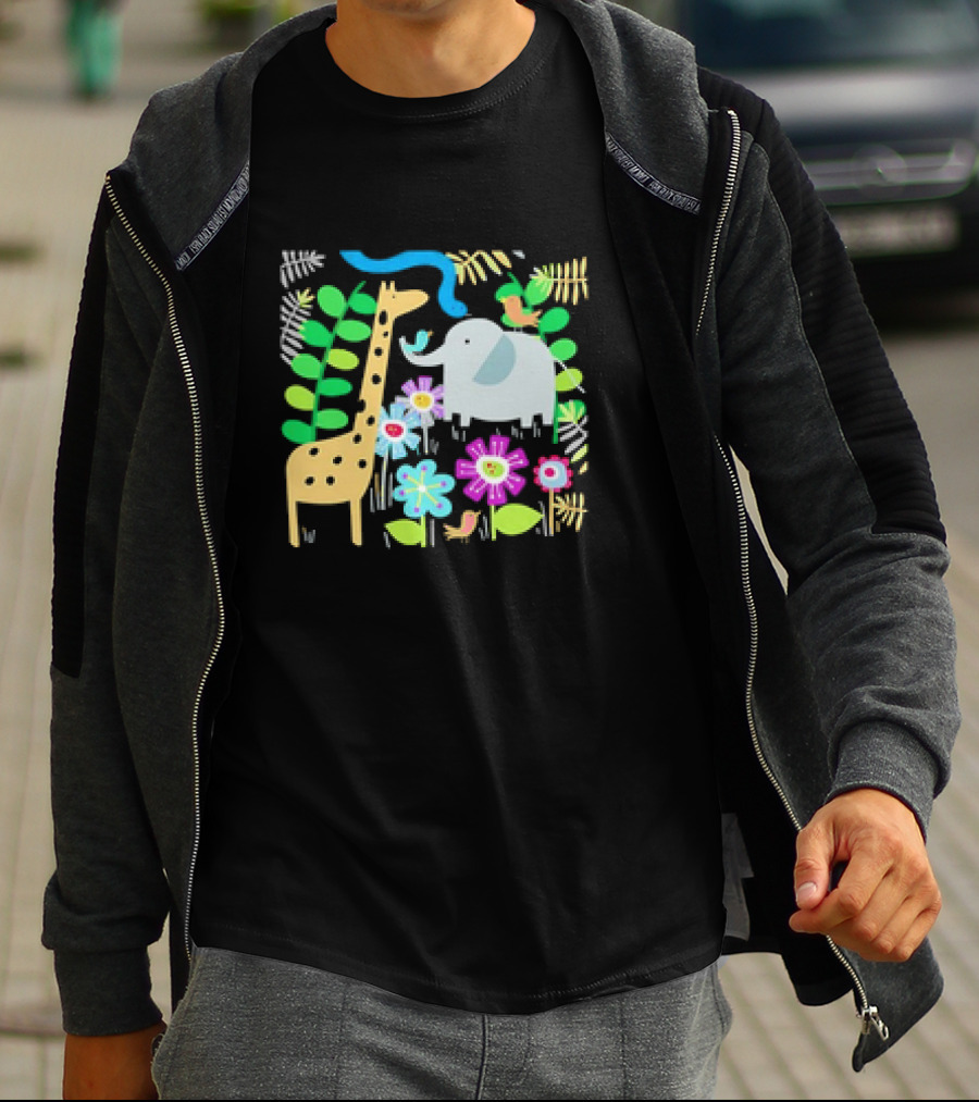 Safari Animal Party Jungle Giraffe Elephant Floral T-Shirt