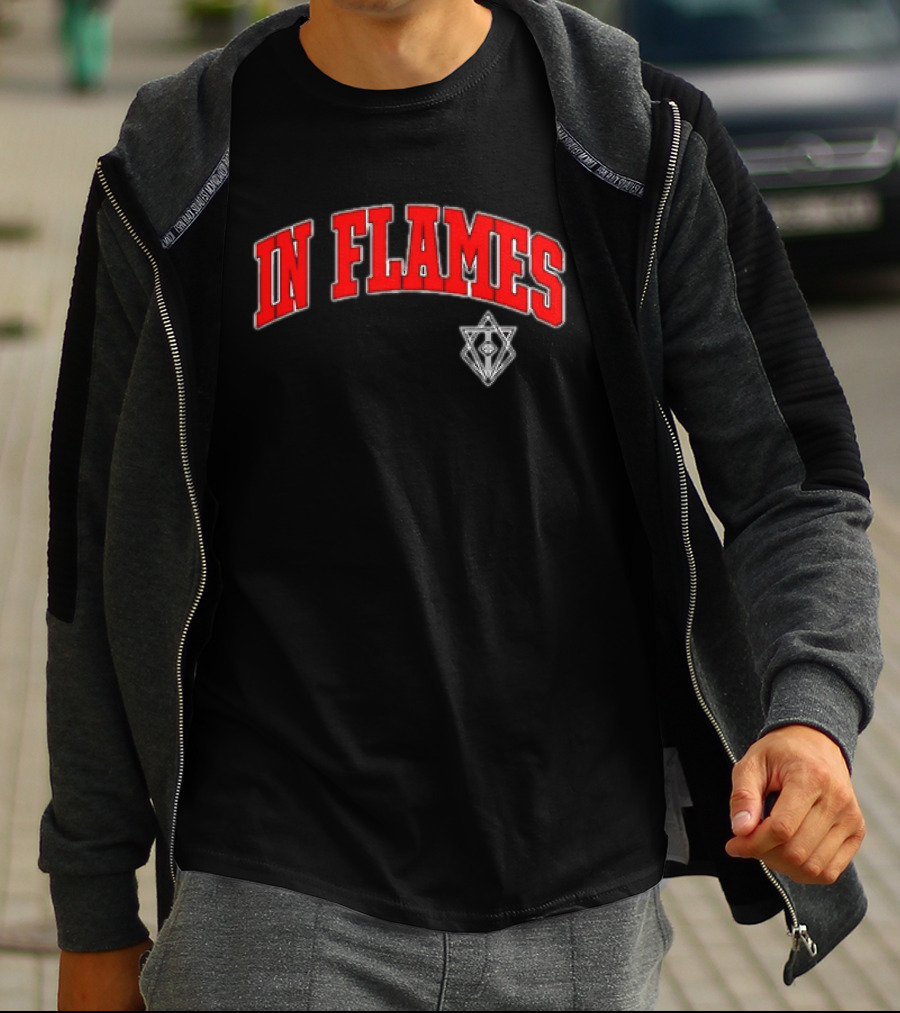 In Flames Red Collegiate Text With Geometric T-Shirt