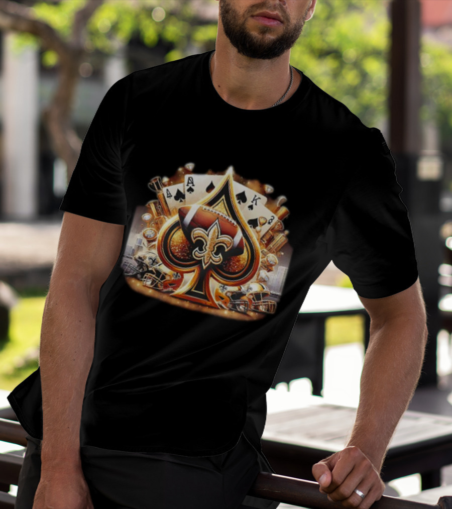 New Orleans Saints Gold Spade Football And Fleur-de-Lis With Playing Cards And Helmets T-Shirt